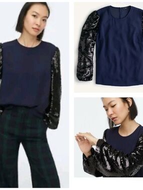 J.Crew Sequin Sleeve Crepe Blouse Navy Black NWT Size Small